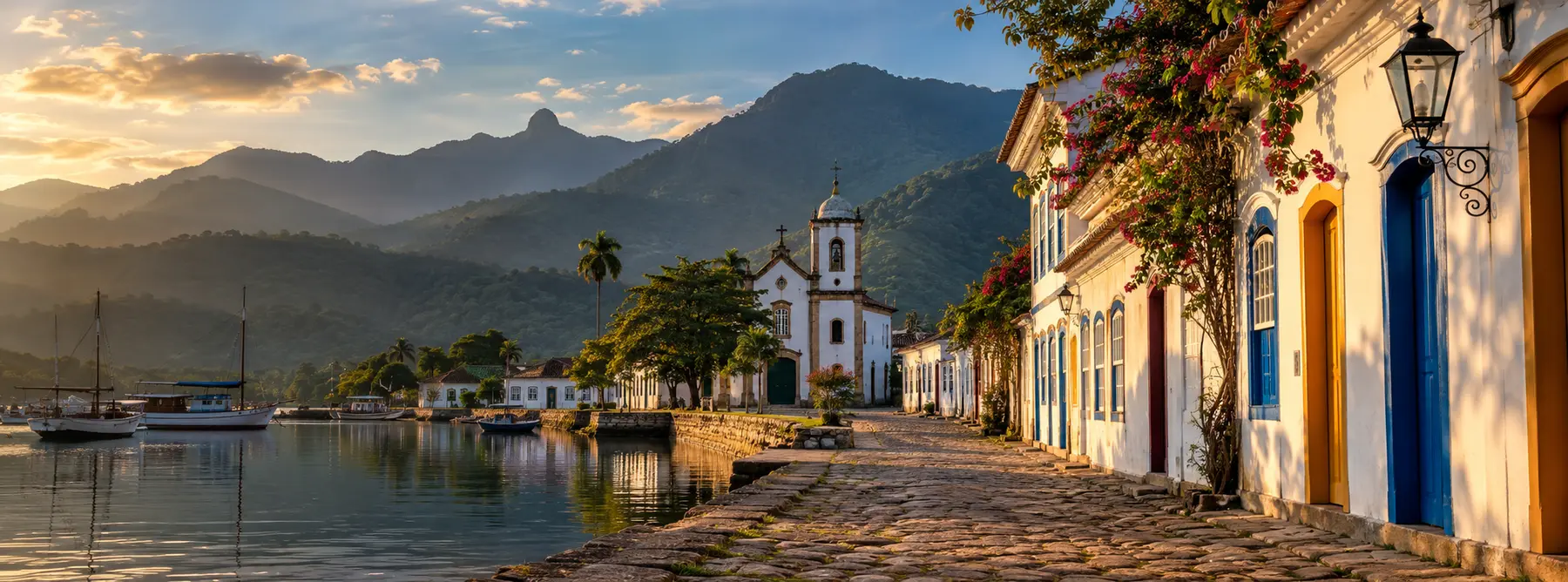 Centro histórico de Paraty à beira-mar e cercado pela Mata Atlântica